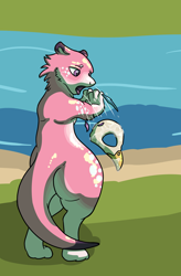Size: 1452x2218 | Tagged: suggestive, artist:doesnotexist, artist:gyrotech, edit, oc, oc:gyro feather, oc:gyro feather (gryphon), oc:hayzel (aevery), bird, feline, fictional species, galliform, gryphon, mammal, mustelid, otter, peacock gryphon, peafowl, feral, comic:otterly playful, beak, belch, blue feathers, blue fur, color edit, digestion, disposal, duo, feathers, fur, green eyes, male, paws, pink feathers, post-vore, stretching, tail, tail tuft, vore, weight gain