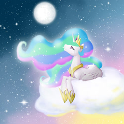 Size: 2000x2000 | Tagged: safe, artist:kelisah, princess celestia (mlp), alicorn, equine, fictional species, mammal, pony, feral, friendship is magic, hasbro, my little pony, clothes, cloud, crown, crying, ethereal mane, feathered wings, feathers, female, folded wings, high res, horn, looking up, mare, moon, on a cloud, peytral, regalia, shoes, sky, solo, solo female, sparkly mane, sparkly tail, stars, tail, wings