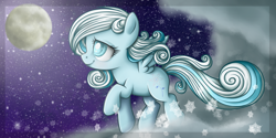 Size: 3000x1500 | Tagged: dead source, safe, artist:vird-gi, oc, oc only, oc:snowdrop, equine, fictional species, mammal, pegasus, pony, feral, friendship is magic, hasbro, my little pony, cloud, cloudy, feathered wings, feathers, female, filly, foal, high res, moon, smiling, snow, snowfall, solo, solo female, stars, tail, wings, young