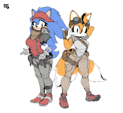 Size: 2617x2409 | Tagged: safe, artist:awr_hey, miles "tails" prower (sonic), sonic the hedgehog (sonic), canine, fox, hedgehog, mammal, red fox, anthro, plantigrade anthro, sega, sonic the hedgehog (series), 2020, blue eyes, clothes, dipstick tail, female, females only, fluff, goggles, green eyes, high res, looking at you, mila "tails" prower, mtf transgender, multiple tails, orange tail, quills, rule 63, sonique, tail, tail fluff, tailsko, transgender, two tails, vixen, white tail