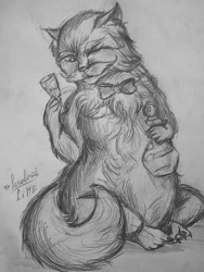 Size: 960x1280 | Tagged: safe, artist:blue_formalin, oc, oc only, cat, feline, mammal, feral, cup, glasses, grayscale, monochrome, signature, solo, sunglasses, tail, traditional art