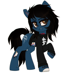 Size: 3000x3000 | Tagged: safe, artist:_spacemonkeyz_, earth pony, equine, fictional species, mammal, pony, undead, zombie, zombie pony, feral, bring me the horizon, friendship is magic, hasbro, my little pony, oliver sykes, 2020, blood, blue fur, bone, brown eyes, brown hair, brown mane, brown tail, cheek fluff, clothes, commission, digital art, fangs, feralized, fluff, fur, furrified, glasgow smile, hair, high res, hooves, long sleeves, male, mane, ponified, rainbow blood, raised hoof, scar, sharp teeth, shirt, simple background, solo, solo male, stallion, stitches, tail, tattoo, teeth, topwear, torn clothes, torn ear, transparent background