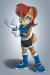 Size: 531x800 | Tagged: safe, artist:carriepika, princess sally acorn (sonic), chipmunk, mammal, rodent, anthro, archie sonic the hedgehog, sega, sonic the hedgehog (series), 2015, blue eyes, boots, bottomwear, brown fur, brown tail, clothes, commission, digital art, female, fluff, fur, gloves, gradient background, hair, jacket, multicolored fur, multicolored tail, red hair, shadow, shoes, short tail, shorts, smiling, solo, solo female, tail, tail fluff, tan fur, tan tail, topwear, two toned body, two toned fur, two toned tail, watermark