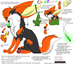 Size: 800x700 | Tagged: safe, artist:lorena677, oc, oc only, oc:chipz (lorena677), canine, fennec fox, folf, fox, hybrid, mammal, wolf, feral, 2006, cactus, ear piercing, female, fire, fire breathing, glow stick, holding, holding object, industrial piercing, mouth hold, oekaki, paw pads, paws, piercing, reference sheet, simple background, sitting, solo, solo female, text, white background, wings
