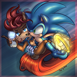 Size: 875x870 | Tagged: safe, artist:kissthethunder, princess sally acorn (sonic), sonic the hedgehog (sonic), chipmunk, hedgehog, mammal, rodent, anthro, archie sonic the hedgehog, sega, sonic the hedgehog (satam), sonic the hedgehog (series), 2020, blue eyes, blue fur, boots, bridal carry, brown fur, brown tail, carrying, cheek fluff, clothes, digital art, duo, female, fluff, fur, gloves, green eyes, hair, hand hold, holding, male, male/female, nicole (computer), power ring (sonic), quills, red hair, ring (sonic), running, shipping, shoes, short tail, signature, sonally (sonic), tail, topwear, vest