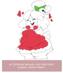 Size: 1300x1500 | Tagged: suggestive, artist:plumpknight, isabelle (animal crossing), canine, dog, mammal, shih tzu, anthro, comic:isabelle xmas wg, animal crossing, nintendo, belly, blush sticker, bow, breasts, christmas, clothes, comic, dress, fat, fat fetish, female, hand on face, heart, holiday, limited palette, love heart, motion lines, open mouth, overweight, santa dress, simple background, smiling, solo, solo female, tail, talking, text, thick thighs, thighs, white background