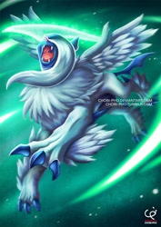 Size: 636x900 | Tagged: safe, artist:chobi-pho, absol, fictional species, mammal, mega absol, mega pokémon, feral, nintendo, pokémon, 2014, abstract background, ambiguous gender, arm fluff, black tail, blue claws, chest fluff, claws, english text, fluff, fur, glowing, hair, hair over one eye, leg fluff, obtrusive watermark, open mouth, razor wind, solo, solo ambiguous, tail, text, tongue, watermark, white fur, white hair, wings