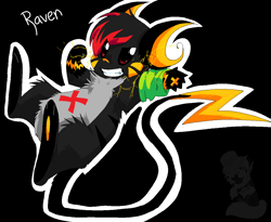Size: 1122x922 | Tagged: safe, artist:xunknownvampirex, oc, oc only, oc:raven (xunknownvampirex), fictional species, mammal, mouse, raichu, rodent, feral, nintendo, pokémon, 2011, arm warmers, black background, black fur, black hair, body markings, butt fluff, character name, clothes, electricity, emo hair, english text, eye through hair, facial markings, female, fist, fluff, fur, gray fur, grin, hair, leg fluff, leonine tail, long tail, ms paint, oekaki, paw pads, paws, red eyes, red fur, red hair, sharp teeth, simple background, solo, solo female, stripes, tail, teeth, underbelly (marking), underpaw, watermark, white outline, yellow fur