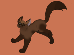 Size: 2048x1536 | Tagged: safe, artist:flyingpikachus, part of a set, oc, oc only, oc:badboyhalo, cat, feline, mammal, feral, minecraft, warrior cats, youtube, :3, body markings, brown fur, brown hair, brown pupils, brown tail, cat face, catified, cheek fluff, chest fluff, colored pupils, crossover, eye through hair, facial markings, fangs, feralized, fluff, fur, furrified, green eyes, hair, hair over one eye, looking at you, male, muffin trio, orange background, paws, pink nose, sharp teeth, simple background, smiling, solo, solo male, species swap, tail, tail fluff, tail tip (marking), teeth