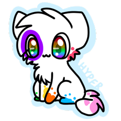 Size: 310x310 | Tagged: safe, artist:hyper-kitteh, oc, oc:splatter (hyper-kitteh), cat, feline, mammal, feral, 1:1, 2012, :3, ambiguous gender, blue outline, cheek fluff, colored outline, double outline, english text, eye through hair, flat colors, fluff, fur, green fur, hair, hair over one eye, heterochromia, low res, magenta body, magenta fur, orange fur, outline, pink fur, purple fur, rainbow eyes, segmental heterochromia, signature, simple background, sitting, smiling, solo, solo ambiguous, spotted fur, tail, text, transparent background, white fur, yellow fur