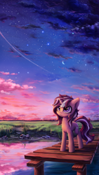 Size: 2000x3556 | Tagged: safe, artist:inowiseei, oc, oc only, equine, fictional species, mammal, pony, unicorn, feral, hasbro, my little pony, cloud, cloudy, commission, cottagecore, crescent moon, cute, ear fluff, female, fluff, freckles, grass, high res, looking up, mare, moon, night, ocbetes, outdoors, pier, reflection, scenery, shooting star, signature, sky, smiling, solo, solo female, standing, star, stars, twilight (astronomy), water