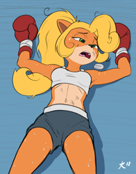 Size: 3300x4200 | Tagged: safe, artist:deannart, coco bandicoot (crash bandicoot), bandicoot, mammal, marsupial, anthro, crash bandicoot (series), absurd resolution, belly button, bottomwear, boxing, boxing gloves, clothes, female, fur, gloves, green eyes, hair, high res, knockout, lying down, midriff, mouthguard, on back, open mouth, orange fur, shorts, solo, solo female, sweat, teeth, tired, tongue, yellow hair