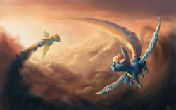 Size: 1680x1050 | Tagged: safe, artist:moe, rainbow dash (mlp), spitfire (mlp), equine, fictional species, mammal, pegasus, pony, feral, friendship is magic, hasbro, my little pony, cloud, cloudy, duo, duo female, female, flying, goggles, mare, scenery, sky, spread wings, trail, wings, wonderbolts