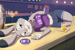 Size: 2700x1800 | Tagged: safe, artist:deannart, judy hopps (zootopia), lagomorph, mammal, rabbit, anthro, disney, zootopia, alcohol, bar, belly button, bottle, bottomwear, breasts, carrot, claws, clothes, crop top, cropped shirt, cup, drink, eyelashes, female, food, fur, glass, gray body, gray fur, high res, indoors, lights, looking at you, midriff, open mouth, plant, purple eyes, shirt, short shorts, shorts, solo, solo female, tongue, topwear, vegetables, white fur