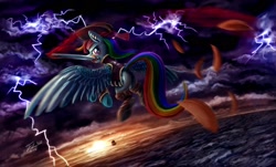 Size: 1985x1200 | Tagged: safe, artist:tsitra360, rainbow dash (mlp), equine, fictional species, mammal, pegasus, pony, feral, friendship is magic, hasbro, my little pony, blood, clothes, flying, hat, lightning, ocean, pirate, scenery, scenery porn, solo, spread wings, storm, sunset, sword, technical advanced, water, weapon, wings