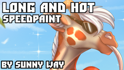 Size: 1280x720 | Tagged: source needed, useless source url, safe, artist:sunny way, oc, giraffe, mammal, anthro, 16:9, advertisement, curvy, digital art, female, glasses, long tongue, patreon reward, pinup, sky, smiling, solo, solo female, speed paint, summer, sunglasses, thumbnail, tongue, ungulate