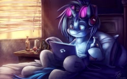 Size: 2048x1280 | Tagged: safe, artist:spain fischer, artist:tsitra360, octavia melody (mlp), vinyl scratch (mlp), equine, fictional species, mammal, pony, unicorn, feral, friendship is magic, hasbro, my little pony, 8:5, alcohol, bed, bedroom, computer, drink, female, flask, headphones, indoors, laptop, mare, picture, smiling, soda can, solo, solo female
