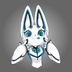Size: 1000x1000 | Tagged: safe, artist:tysontan, oc, oc only, oc:cloud white, android, lagomorph, mammal, rabbit, robot, anthro, cc by-sa, creative commons, 2017, :p, bald, big hands, blue eyes, bust, fur, gradient background, gray background, looking at you, male, nudity, signature, simple background, solo, solo male, tongue, tongue out, white fur