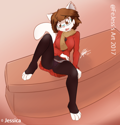 Size: 3200x3314 | Tagged: suggestive, artist:fejess96, oc, oc only, oc:jessica (fejess96), cat, feline, mammal, anthro, bottomwear, brown eyes, brown hair, cameltoe, clothes, female, fur, glasses, hair, high res, open mouth, panties, presenting, scarf, sitting, skirt, solo, solo female, spread legs, stockings, sweater, topwear, underwear, upskirt, white fur