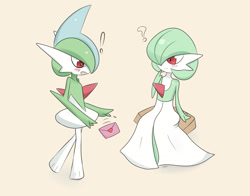 Size: 1400x1100 | Tagged: safe, artist:sana!rpg, fictional species, gallade, gardevoir, anthro, nintendo, pokémon, 2016, duo, exclamation point, female, letter, male, question mark, simple background, sitting, surprised