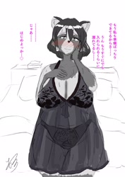 Size: 1450x2048 | Tagged: safe, alternate version, artist:naranahiromi, oc, oc only, oc:minami, canine, mammal, raccoon dog, anthro, ..., 2018, bed, bikini, blushing, bra, clothes, dress, female, japanese text, partial color, see-through, smiling, solo, solo female, sweat, swimsuit, talking, translation request, underwear