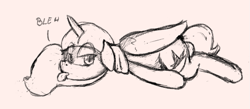 Size: 1039x453 | Tagged: safe, artist:soccy, oc, oc:emerging dawn (soccy), alicorn, equine, fictional species, mammal, pony, feral, hasbro, my little pony, blech, clothes, cutie mark, ears down, english text, female, horn, lying down, monochrome, on ground, scarf, simple background, sketch, solo, solo female, tail, text, tongue, tongue out, white background, wings