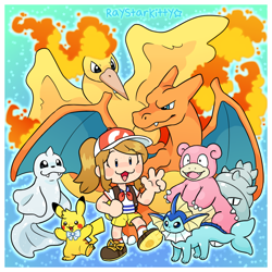 Size: 1280x1280 | Tagged: safe, artist:raystarkitty, oc, bird, charizard, dewgong, eeveelution, fictional species, human, legendary pokémon, mammal, moltres, pikachu, reptile, rodent, seal, slowbro, vaporeon, feral, semi-anthro, nintendo, pokémon, pokémon let's go, 2020, abstract background, ambiguous gender, black eyes, blue eyes, cute, female, gesture, gray eyes, group, heart, heart eyes, horn, peace sign, pokémon let's go pikachu! and let's go eevee!, self insert, signature, starter pokémon, tail, text, wingding eyes, wings