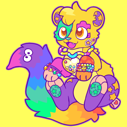 Size: 700x700 | Tagged: safe, artist:raystarkitty, oc, oc only, oc:fidget (raystarkitty), animate object, ferret, fictional species, mammal, mustelid, pikachu, feral, nintendo, pokémon, 2020, amber eyes, bracelet, color porn, cute, female, heart, heart eyes, jewelry, kandi, looking at you, necklace, paw pads, paws, plushie, puzzle piece, simple background, sitting, solo, solo female, stim toy, tail, wingding eyes, yellow background