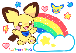 Size: 678x470 | Tagged: safe, artist:raystarkitty, fictional species, mammal, pichu, semi-anthro, nintendo, pokémon, 2020, ambiguous gender, brown eyes, cloud, color porn, cute, heart, lightning, paw pads, paws, rainbow, signature, simple background, solo, solo ambiguous, stars, stickers, tail, white background