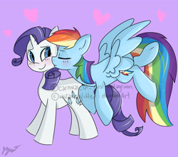 Size: 3986x3521 | Tagged: dead source, safe, artist:bloodyhellhayden, rainbow dash (mlp), rarity (mlp), equine, fictional species, mammal, pegasus, pony, unicorn, feral, friendship is magic, hasbro, my little pony, blushing, duo, duo female, eyes closed, feathered wings, feathers, female, female/female, feral/feral, flying, heart, high res, horn, kissing, mare, raridash (mlp), shipping, smiling, tail, watermark, wings