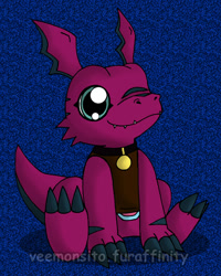 Size: 500x625 | Tagged: safe, artist:veemonsito, oc, oc only, oc:maru, agumon, fictional species, gabumon, guilmon, hybrid, anthro, digimon, digimon tamers, claws, cute, male, sharp teeth, sitting, smiling, solo, solo male, tail, teeth