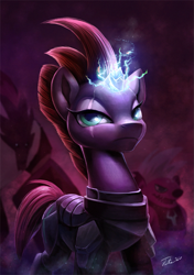 Size: 843x1200 | Tagged: safe, artist:tsitra360, tempest shadow (mlp), equine, fictional species, mammal, pony, unicorn, feral, friendship is magic, hasbro, my little pony, my little pony: the movie, armor, broken horn, eye scar, female, frowning, glare, glowing, glowing horn, grubber, horn, lidded eyes, lightning, looking at you, magic, mare, open mouth, scar, smiling, smirk, solo focus, sparking horn, unamused