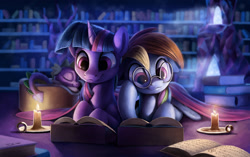 Size: 2000x1255 | Tagged: safe, artist:tsitra360, rainbow dash (mlp), spike (mlp), twilight sparkle (mlp), dragon, equine, fictional species, mammal, pegasus, pony, unicorn, western dragon, feral, semi-anthro, friendship is magic, hasbro, my little pony, book, candle, eyes closed, female, fire, glasses, implied lesbian, implied shipping, library, lying down, mare, prone, reading, sleeping