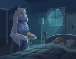 Size: 4200x3300 | Tagged: safe, artist:deannart, frisk (undertale), toriel (undertale), bovid, goat, human, mammal, anthro, undertale, absurd resolution, ambiguous gender, bed, black eyes, breasts, cake, clothes, curtain, door, duo, eyelashes, female, floppy ears, food, fur, horn, indoors, lamp, looking down, mature, mature female, night, pie, plate, signature, sleeping, smiling, teeth, white fur, window