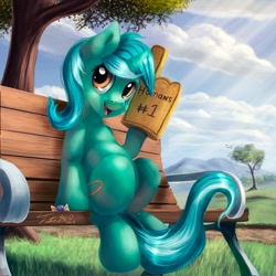 Size: 600x600 | Tagged: safe, artist:tsitra360, lyra heartstrings (mlp), equine, mammal, pony, feral, friendship is magic, hasbro, my little pony, ambient bird, ambient wildlife, bench, candy, cloud, female, foam finger, food, grass, human lovers, mare, mountain, sitting, solo, solo female, tree