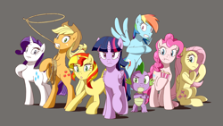 Size: 1920x1080 | Tagged: safe, artist:deannart, applejack (mlp), fluttershy (mlp), pinkie pie (mlp), rainbow dash (mlp), rarity (mlp), spike (mlp), sunset shimmer (mlp), twilight sparkle (mlp), alicorn, dragon, earth pony, equine, fictional species, mammal, pegasus, pony, unicorn, western dragon, feral, semi-anthro, friendship is magic, hasbro, my little pony, 16:9, 2015, bipedal, biting, blue eyes, blue hair, blue tail, clothes, cutie mark, eating, eyelashes, fangs, feather, feathered wings, feathers, female, food, freckles, gray background, green eyes, group, hair, hat, horn, looking at you, looking back, looking back at you, male, mane six (mlp), mare, multicolored hair, multicolored tail, pink eyes, pink hair, pink tail, popcorn, purple eyes, purple hair, purple tail, red hair, rope, sharp teeth, simple background, tail, teeth, wallpaper, wings, yellow hair, yellow tail