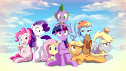 Size: 1920x1080 | Tagged: safe, artist:deannart, applejack (mlp), derpy hooves (mlp), fluttershy (mlp), pinkie pie (mlp), rainbow dash (mlp), rarity (mlp), spike (mlp), twilight sparkle (mlp), alicorn, dragon, earth pony, equine, fictional species, mammal, pegasus, pony, reptile, unicorn, feral, friendship is magic, hasbro, my little pony, 16:9, biting, blue eyes, blue fur, blue hair, cherry, clothes, cloud, cowboy hat, cupcake, cutie mark, eyelashes, feathered wings, feathers, female, floppy ears, food, freckles, fruit, fur, gray fur, green eyes, group, hair, hat, hooves, horn, looking down, looking up, male, mane six (mlp), muffin, multicolored hair, one eye closed, open mouth, orange eyes, orange fur, outdoors, pink eyes, pink hair, purple eyes, purple fur, purple hair, raised hoof, raised tail, scared, sitting, sky, slit pupils, smiling, tail, teeth, tongue, wallpaper, white fur, wings, yellow hair