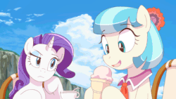 Size: 960x540 | Tagged: safe, artist:deannart, coco pommel (mlp), rarity (mlp), earth pony, equine, fictional species, mammal, pony, unicorn, feral, friendship is magic, hasbro, my little pony, 16:9, 2d, 2d animation, animated, blinking, blue eyes, blue hair, chair, cloud, cup, drink, duo, eyelashes, eyes closed, eyeshadow, female, food, frame by frame, fur, gif, hair, horn, ice cream, ice cream cone, licking, looking down, makeup, mare, open mouth, outdoors, purple hair, sky, suggestive eating, teeth, tongue, tongue out, white fur