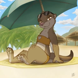 Size: 1250x1250 | Tagged: safe, artist:louart, mammal, mustelid, otter, semi-anthro, 2020, beach, brown eyes, claws, clothes, cloud, female, fur, glasses, glasses on head, looking at you, outdoors, palm tree, paws, pink nose, plant, sitting, sky, smiling, smiling at you, solo, solo female, sunglasses, sunglasses on head, swimsuit, tan body, tan fur, tree, umbrella