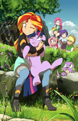 Size: 1430x2210 | Tagged: safe, artist:deannart, applejack (mlp), fluttershy (mlp), pinkie pie (mlp), rainbow dash (mlp), rarity (mlp), spike (mlp), sunset shimmer (mlp), twilight sparkle (mlp), alicorn, arthropod, beetle, canine, dog, equine, fictional species, human, insect, ladybug, mammal, pony, feral, equestria girls, friendship is magic, hasbro, my little pony, 2015, blue eyes, blue hair, boots, bottomwear, bush, clothes, cloud, cuddling, eyelashes, feather, feathered wings, feathers, female, female/female, floppy ears, flower, fur, grass, grin, group, hair, hand on hip, hat, high heels, hug, humanized, interspecies, jacket, looking at each other, mountain, multicolored hair, one eye closed, open mouth, outdoors, pants, paws, pink hair, purple eyes, purple hair, rainbow hair, red hair, school uniform, sci-twi (mlp), shipping, shirt, shoes, sitting, skirt, sky, smiling, species swap, spread legs, spreading, standing, sunsetsparkle (mlp), tail, tank top, teeth, tongue, topwear, tree, uniform, wings, wristband, yellow hair