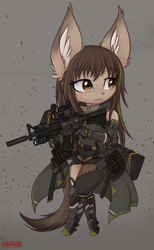 Size: 1158x1875 | Tagged: safe, artist:merqrous, canine, fennec fox, fox, mammal, anthro, aimpoint, ar15, assault rifle, clothes, detailed, ear fluff, ear tuft, eyelashes, fluff, girl's frontline, gun, m4a1, magpul, rifle, solo, standing, tail, weapon