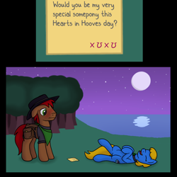 Size: 1024x1024 | Tagged: safe, artist:redquoz, oc, oc:buckshot, oc:clear sky, earth pony, equine, fictional species, mammal, pegasus, pony, feral, hasbro, my little pony, bandanna, blue fur, blushing, brown fur, clothes, comic, fur, golden hair, green eyes, hair, hat, jewelry, lake, laughing, lying down, moon, necklace, night, on back, red hair, saddle, saddle bag, stars, water