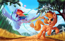 Size: 2000x1252 | Tagged: safe, artist:tsitra360, applejack (mlp), rainbow dash (mlp), earth pony, equine, fictional species, mammal, pegasus, pony, feral, friendship is magic, hasbro, my little pony, blue fur, clothes, cutie mark, dirt, duo, duo female, feathered wings, feathers, female, fence, flying, fur, grass, hair, hat, hooves, hot air balloon, looking at each other, mane, mare, orange fur, race, rainbow hair, road, running, scenery, signature, spread wings, tail, tree, underhoof, wings