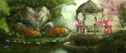 Size: 1939x823 | Tagged: safe, artist:devinian, big macintosh (mlp), cheerilee (mlp), arthropod, butterfly, earth pony, equine, fictional species, insect, mammal, pony, feral, friendship is magic, hasbro, my little pony, cheerimac, clothes, female, flower, gazebo, holiday, male, male/female, necktie, rose, scenery, scenery porn, shipping, stallion, valentine's day