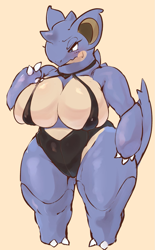 Size: 917x1477 | Tagged: suggestive, artist:tetto, fictional species, nidoqueen, anthro, plantigrade anthro, nintendo, pokémon, absolute cleavage, blushing, breasts, claws, cleavage, clothes, embarrassed, female, horn, huge breasts, nipple outline, one-piece swimsuit, solo, solo female, sweatdrop, swimsuit, tail, tan background, thick thighs, thighs