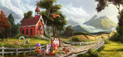 Size: 5240x2400 | Tagged: safe, artist:devinian, apple bloom (mlp), cheerilee (mlp), diamond tiara (mlp), scootaloo (mlp), silver spoon (mlp), sweetie belle (mlp), tank (mlp), winona (mlp), border collie, canine, collie, dog, earth pony, equine, fictional species, mammal, pegasus, pony, reptile, tortoise, unicorn, feral, friendship is magic, hasbro, my little pony, bipedal leaning, book, bow, cart, cute, cutie mark crusaders (mlp), detailed, female, filly, foal, grin, hair bow, holding, looking back, mouth hold, open mouth, ponyville schoolhouse, scenery, scenery porn, smiling, squee, tank, technical advanced, vehicle, young