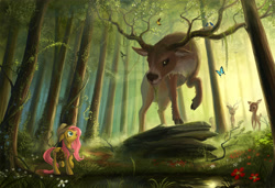 Size: 4128x2824 | Tagged: safe, artist:devinian, fluttershy (mlp), arthropod, bird, butterfly, cervid, deer, equine, fictional species, insect, mammal, pegasus, pony, songbird, feral, friendship is magic, hasbro, my little pony, antlers, brown fur, buck, clothes, cloven hooves, cute, cutie mark, egg, eyelashes, fawn, female, floppy ears, flower, folded wings, forest, fur, hat, hooves, looking up, male, mare, moss, nest, open mouth, raised head, raised hoof, saddle bag, scenery, scenery porn, shirt, shocked, size difference, tan fur, topwear, tree, wide eyes, wings, yellow fur