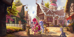 Size: 5600x2854 | Tagged: safe, artist:devinian, bon bon (mlp), button mash (mlp), derpy hooves (mlp), dinky hooves (mlp), golden harvest (mlp), gummy (mlp), lyra heartstrings (mlp), minuette (mlp), pinkie pie (mlp), alligator, crocodilian, earth pony, equine, fictional species, mammal, pony, reptile, unicorn, feral, friendship is magic, hasbro, my little pony, balloon, building, cart, clothes, colt, confetti, cute, eyes closed, female, fence, filly, foal, food, fruit, happy, hat, high res, hooves, horn, male, mare, open mouth, ponyville, raised hoof, raised leg, rearing, scenery, scenery porn, smiling, stallion, sugarcube corner, tag-a-long, tail, walking, waving, young