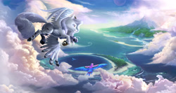 Size: 5252x2803 | Tagged: safe, artist:devinian, oc, oc only, oc:white wishes, bird, draconequus, fictional species, parrot, feral, friendship is magic, hasbro, my little pony, absurd resolution, cloud, commission, cute, flying, island, ocean, scenery, scenery porn, smiling, solo, sun, water