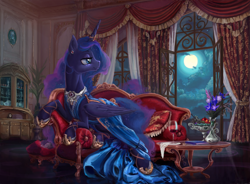 Size: 5411x3989 | Tagged: safe, artist:devinian, princess celestia (mlp), princess luna (mlp), alicorn, equine, fictional species, mammal, pony, feral, friendship is magic, hasbro, my little pony, absurd resolution, alcohol, apple, balcony, book, clothes, cloud, couch, cute, drapes, dress, drink, ear piercing, female, filly, flower, foal, food, fruit, glass, grapes, horn ring, hug, jewelry, lidded eyes, looking back, luxury, lying down, majestic, mare, moon, night, picture, piercing, prone, scenery, scenery porn, sitting, smiling, solo focus, table, technical advanced, teddy bear, tiberius, vase, window, wine, wine glass, young, younger